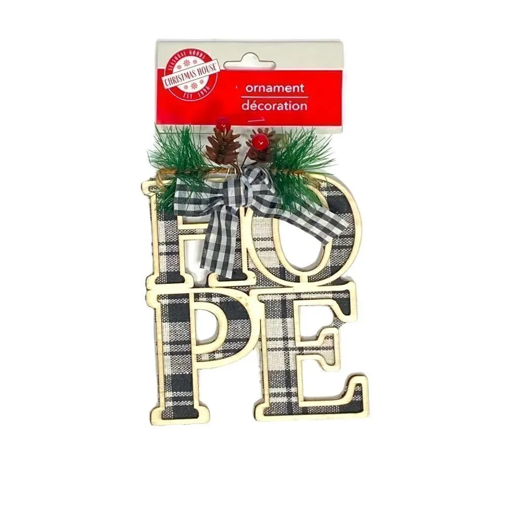 NWT Plaid Rustic Farmhouse Christmas Holiday Wood Framed Ornament Snow Hope Noel